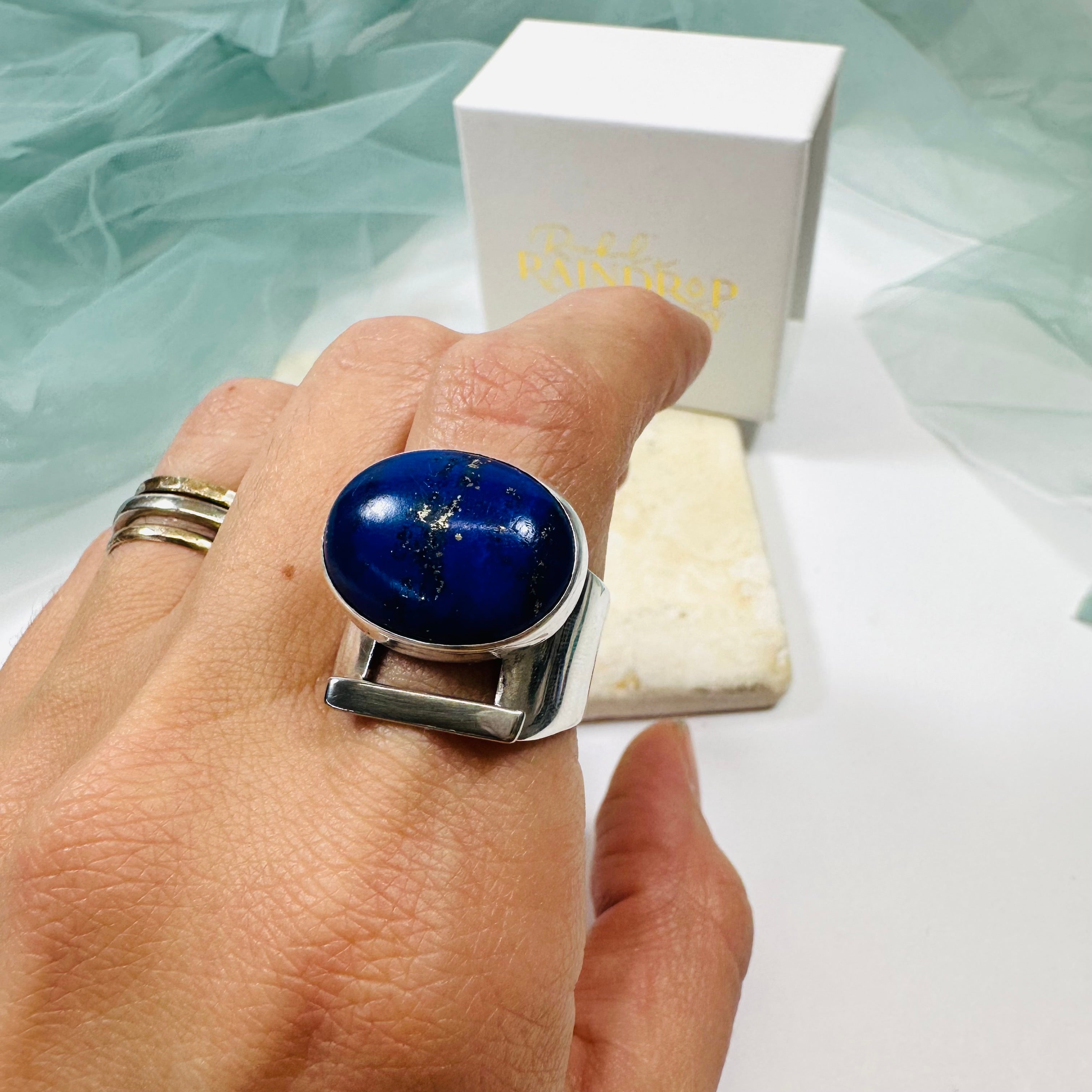 Lapis Lazuli Ofner Ring with Sterling Silver Band and 14k Gold Filled Bar - Size 8.5
