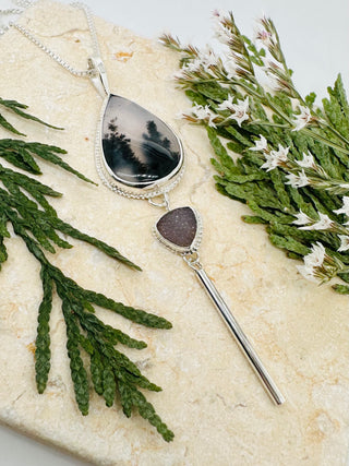 Dendritic Agate Raindrop® Pendant Necklace with Druzy in Sterling Silver