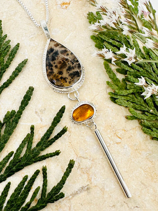 Dendritic Agate Raindrop® Pendant Necklace with Yellow Tourmaline in Sterling Silver
