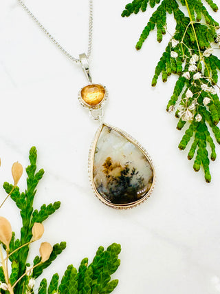 Dendritic Agate Raindrop® Pendant Necklace with Yellow Tourmaline II