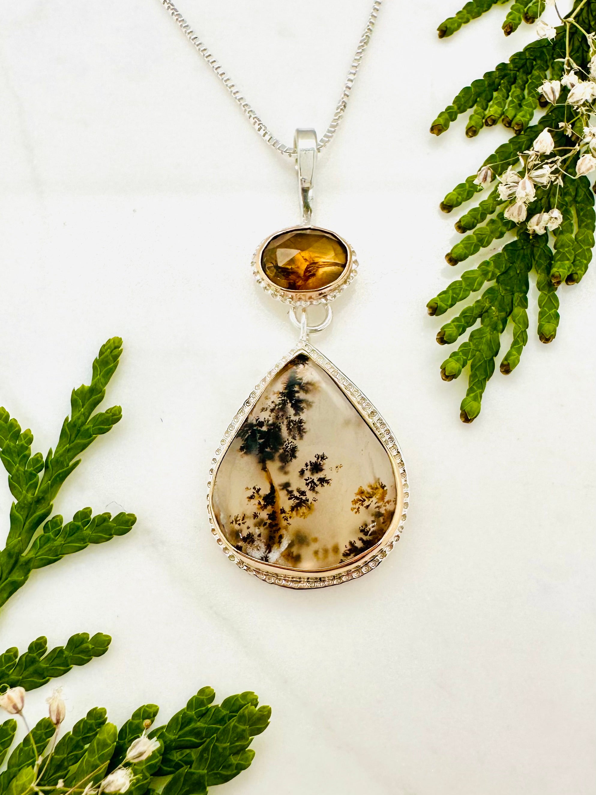 Dendritic Agate Raindrop® Pendant Necklace with Yellow Tourmaline I