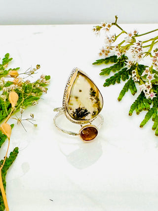Dendritic Agate Raindrop® Ring with Yellow Tourmaline