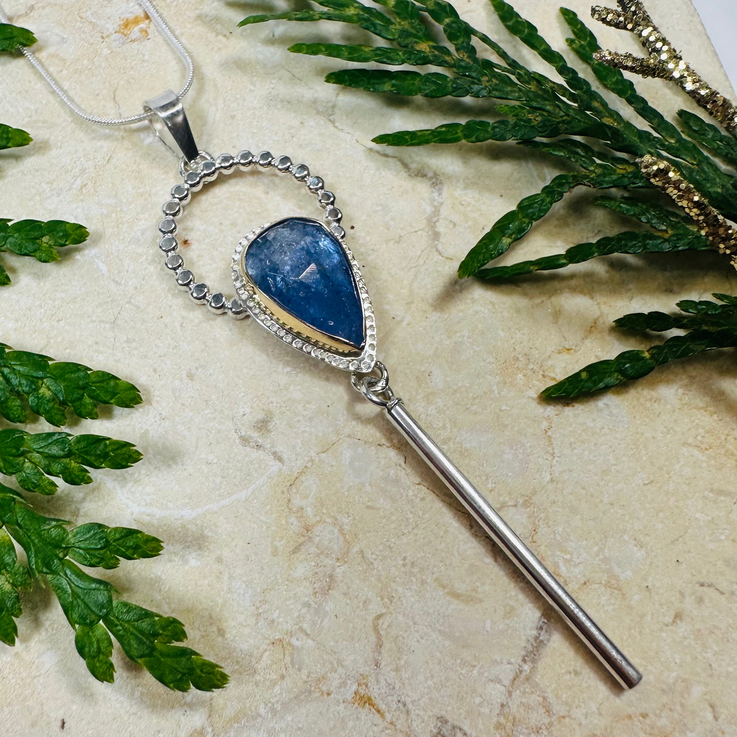 Blue Sapphire Beaded Raindrop Bar Pendant