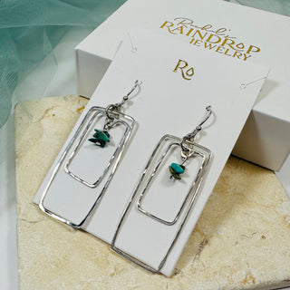 Double Rectangle Hammered Silver Earrings with Turquoise Chip Accent