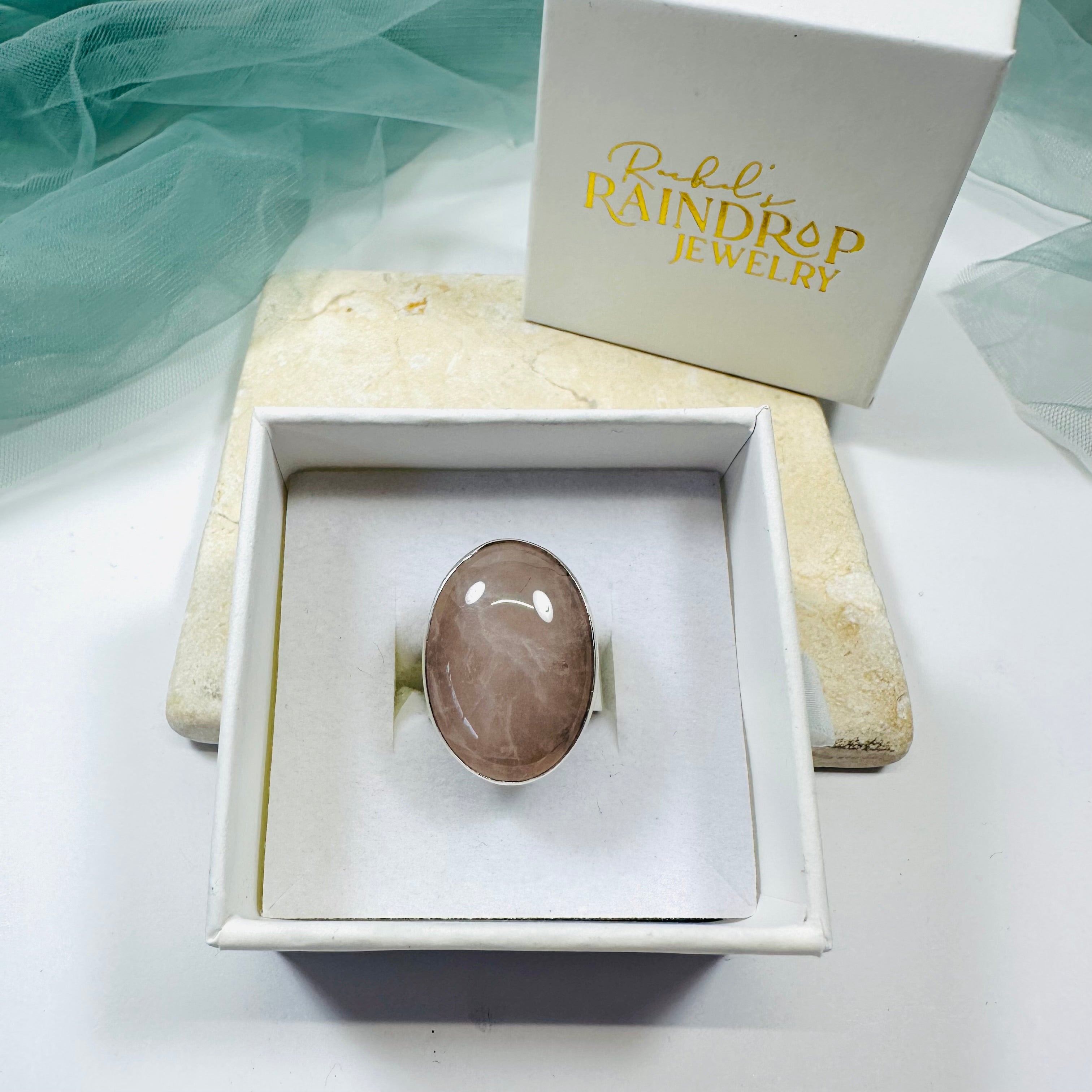 Large Oval Rose Quartz Cabochon Statement Ring in Sterling Silver