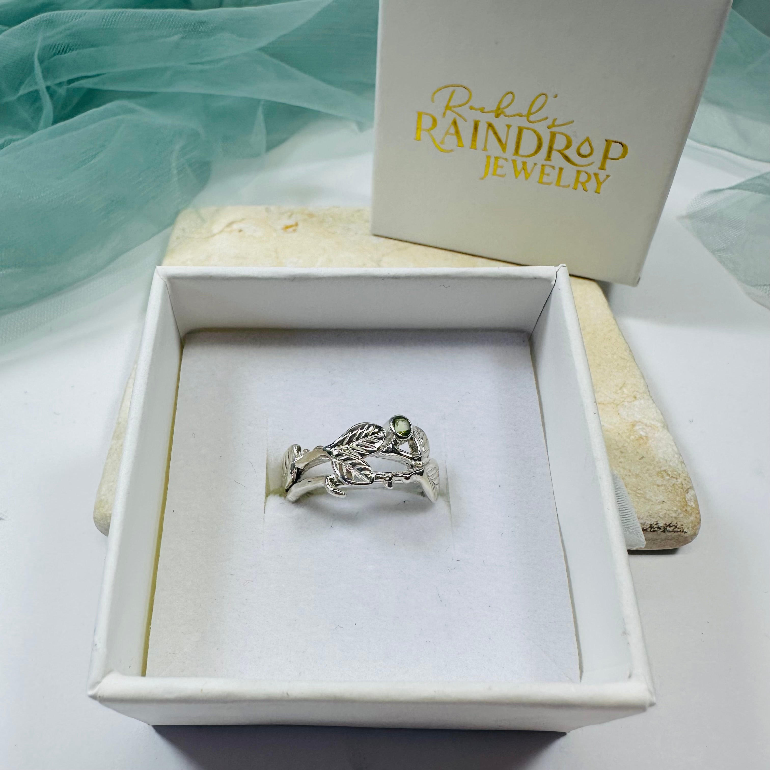 Botanical Branch and Leaf Ring with Peridot Accent in Sterling Silver