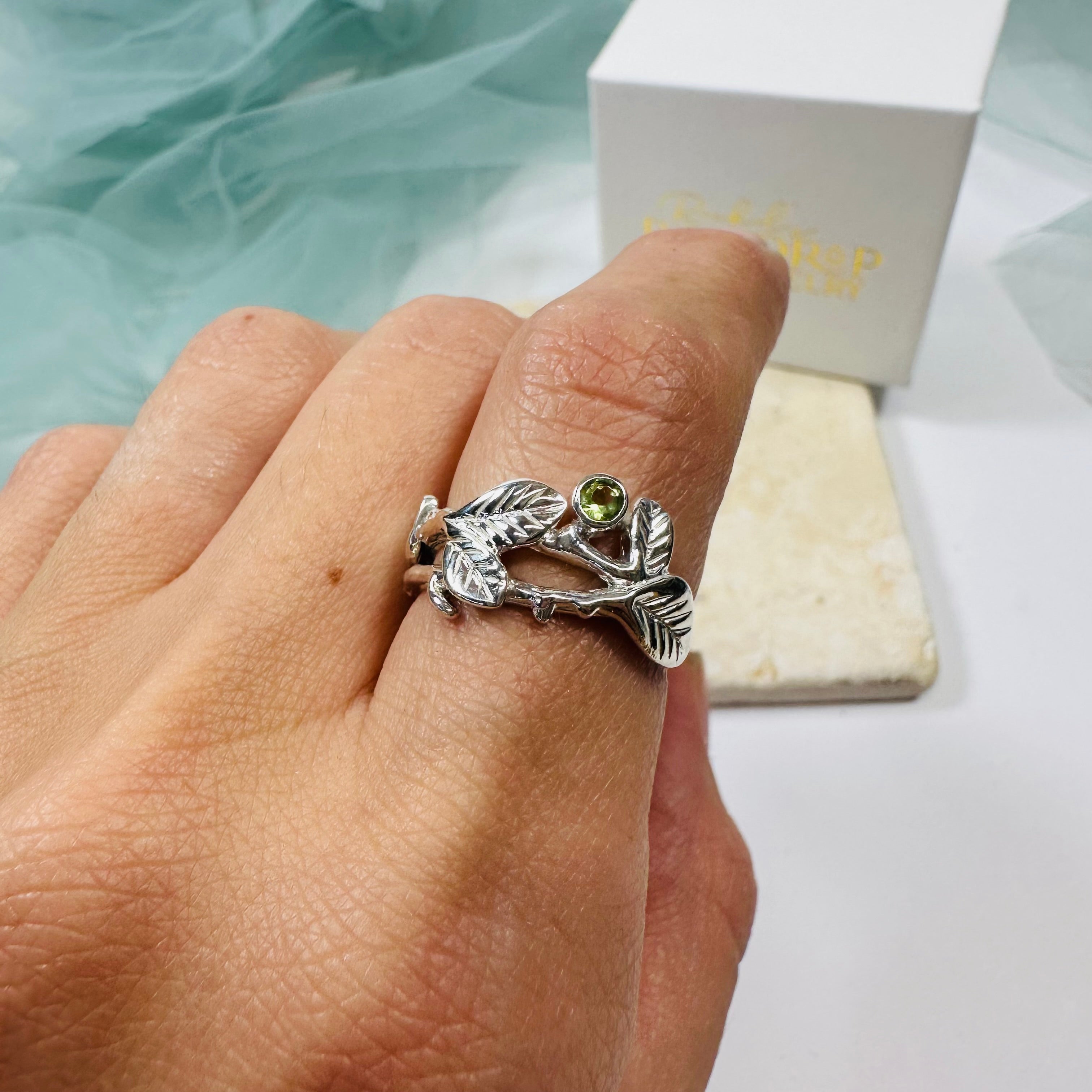 Botanical Branch and Leaf Ring with Peridot Accent in Sterling Silver