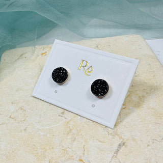 Black Druzy Round Stud Earrings