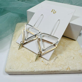 Two-Tone Double Triangle Drop Earrings with Gold Spike Accent in Sterling Silver and 14k Gold Filled