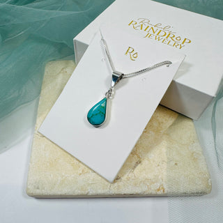 Teardrop Turquoise Pendant Necklace on Sterling Silver Box Chain