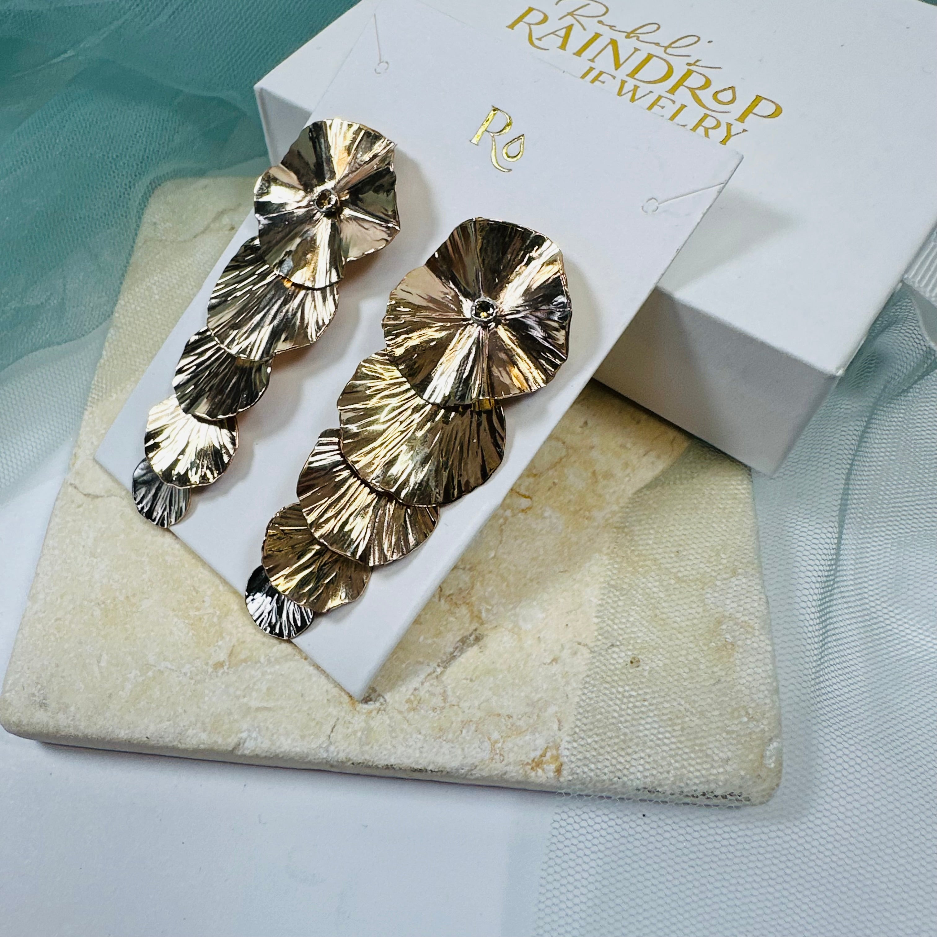 Cascading Lily Pad Drop Earrings with Crystal Center in 14k Gold Filled