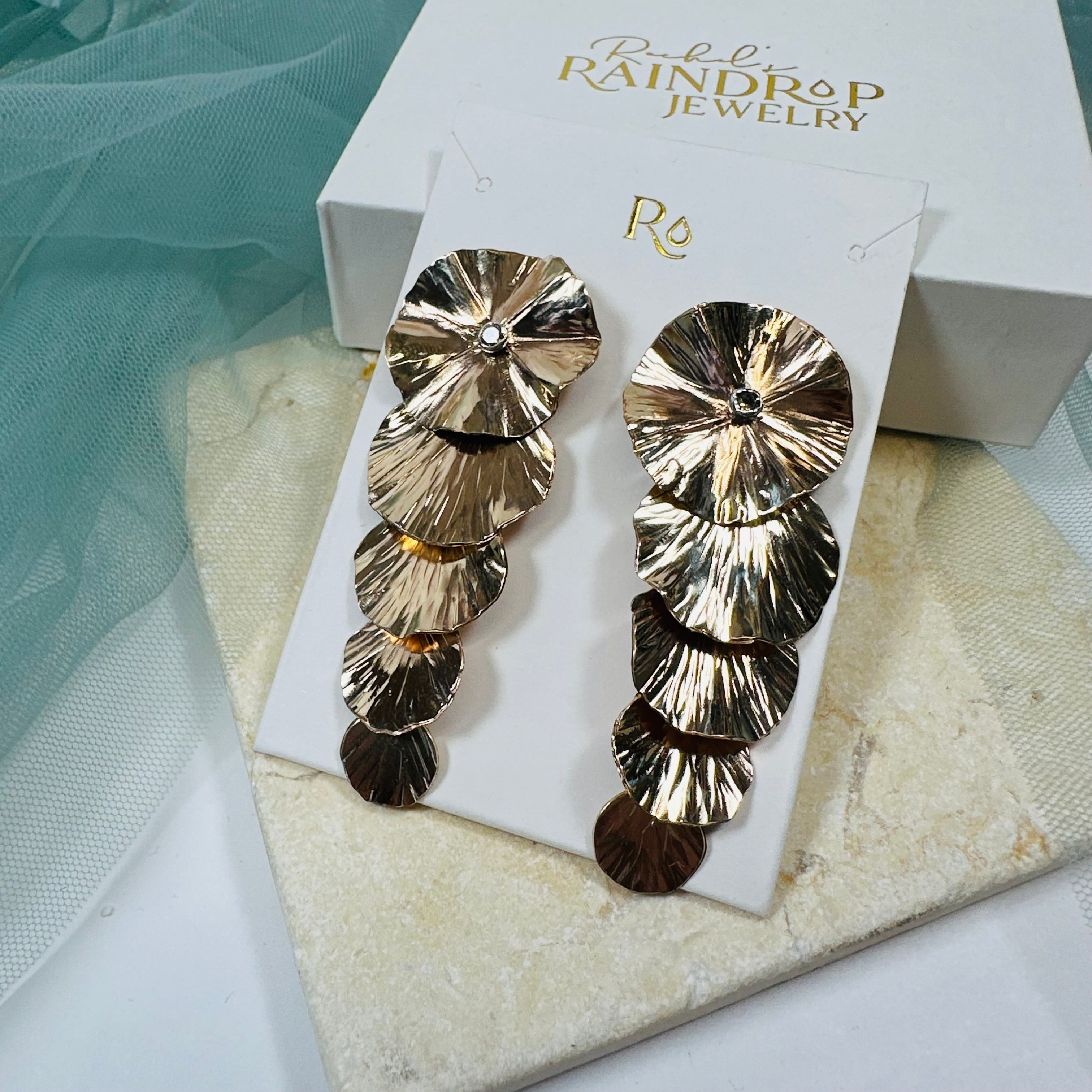 Cascading Lily Pad Drop Earrings with Crystal Center in 14k Gold Filled
